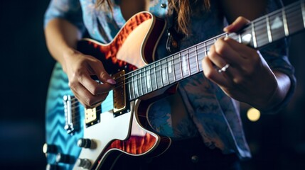 close up of woman hands playing electro guitar.