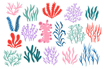 Wall Mural - Sea corals. Tropical underwater flora and fauna, colorful coral reef collection of various shapes, exotic marine botany backdrop for sticker design. Vector set