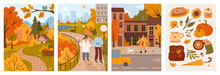 Autumn Mood Cute Illustrations Set. Fall Season Nature Flat Vector, People Enjoying Cozy Pastime, Walking With Dog, Tea And Sweater, Pumpkin And Umbrella. Welcoming Autumn Postcard