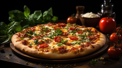 Wall Mural - Savoring Tradition: A Typical Italian Pizza with Fresh Basil and Ripe Tomatoes
