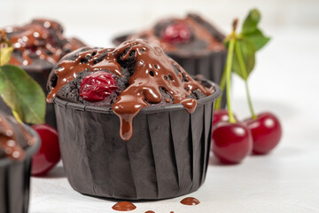 Canvas Print - Chocolate muffins with fresh cherries