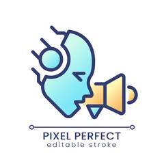 Sticker - AI promotes pixel perfect color gradient icon. Advertising optimization. Personalized marketing campaigns. Machine learning. Isolated RGB vector image. Filled line illustration. Editable stroke