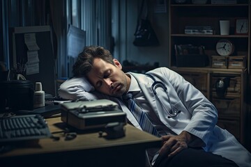 Stressed Out Male Doctor in Busy Office with Computer and Stethoscope on Table - Healthcare and Overworking Concept: Generative AI