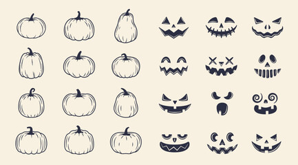 Halloween pumpkins templates. 12 blank pumpkins and 12 spooky faces for create your own design. Jack o Lantern set. Vector illustration