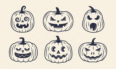 Wall Mural - Halloween pumpkins. Funny Pumpkin set. Halloween pumpkins isolated on black background. Vector illustration