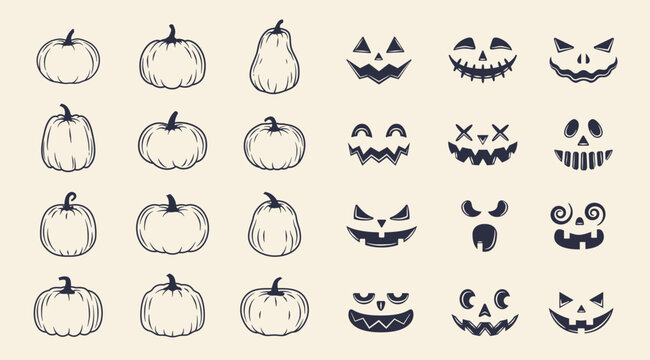 halloween pumpkins templates. 12 blank pumpkins and 12 spooky faces for create your own design. jack