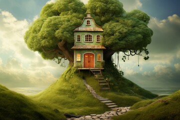 House on the green bush tree. Children dream. Illustration.
