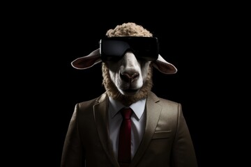 Sheep In Suit And Virtual Reality On Black Background. Sheep In Suit, Virtual Reality, Black Backgrounds, Technology Animals, Fashion Vr, New Possibilities. 