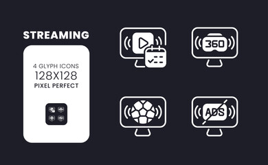 Poster - Streaming white solid desktop icons set. Watching content online. Sports broadcasting. Pixel perfect 128x128, outline 4px. Symbols for dark theme. Glyph pictograms. Vector isolated images