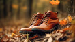 © puhimec - Men's boots in the autumn forest, generative AI.
