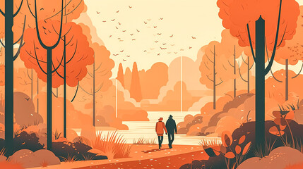 Wall Mural - Man and woman in the autumn forest, view from the back, generative AI