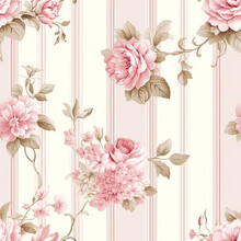 Seamless Pattern, Tileable Striped Pink Floral Country Style Print For Wallpaper, Wrapping Paper With English Countryside Rose Flowers For Scrapbook, Fabric And Product Design