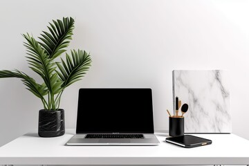 Laptop computer mockup with a blank screen and a pencil, isolated on a white background. Generative AI