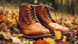 © puhimec - Men's boots in the autumn forest, generative AI.