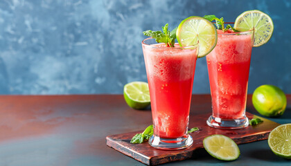 Poster - Watermelon slushie with lime, summer refreshing drink in tall glasses on a blue rusty background. with copy space