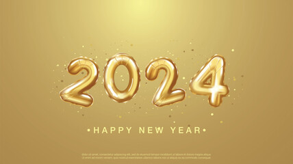 Wall Mural - 2024 Happy new year. realistic gold balloon numbers of 2024.