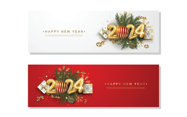 Wall Mural - Happy New Year 2024. festive realistic balloon decoration. set of celebrate party 2024 background