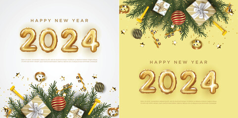 Happy New Year 2024. festive realistic decoration. Set of celebrate party 2024 on square background