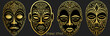 Set of golden tribal masks, faces, outline, silhouette isolated on black background. Unique templates. Ethnic heritage of East, Asia, India, Mexico, Aztec, Africa, Peru in line art style.