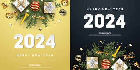 Wall Mural - 2024 Happy New Year. festive realistic decoration. Set of celebrate party 2024 on square background