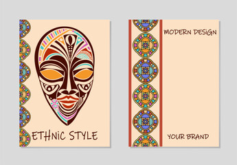 Cover set, vertical templates. Collection of geometric backgrounds with ethnic tribal relief pattern of abstract face, mask, ornaments in line art style. East, Asia, India, Mexico, Aztec, Africa, Peru