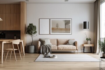 Wall Mural - Interior of a living room with pale wooden walls, a kitchen counter to the left of a gray sofa, and an armchair with a horizontal poster on the wall. Generative AI