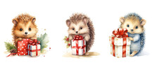 Hedge Cute Hedgehog With Christmas Gift Watercolor Ai Generated