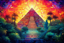 An Abstract Kaleidoscope Rendition Of Chichen Itza, Mayan Pyramid, Vibrant Tropical Color Scheme, Sharp Geometric Patterns, Lush Vegetation Background, Surreal Sky