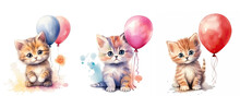 Funny Cute Kitty With Air Balloon Watercolor Ai Generated