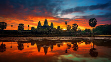 Angkor Wat, Highly Detailed, Silhouette During Sunrise, Vibrant Sky, Ancient Stone Carvings