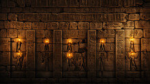 Hieroglyphs On The Walls Of The Karnak Temple In Egypt, Glowing Under Torchlight, Contrast Against Dark Shadows, Golden Hues, Textures Of Ancient Stone