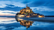 Mont Saint - Michel at twilight, high tide, reflected on water, medieval architecture