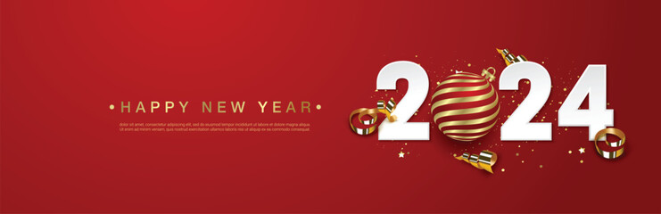 Wall Mural - Happy new 2024 year with realistic ball on red background.