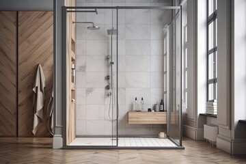 Wall Mural - Interior with a grey shower room wall with glass doors and an empty wood frame. floor with light grey tiles. contemporary interior design idea. a mockup. Generative AI