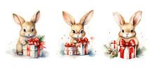 Hare Cute Rabbit With Christmas Gift Watercolor Ai Generated