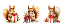 Happy Cute Squirrel With Christmas Gift Watercolor Ai Generated