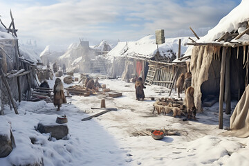 Wall Mural - Ice Age frozen settlement with prehistoric people living there, AI generated illustration.