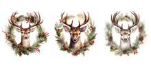 Tree Deer In Christmas Wreath Watercolor Ai Generated