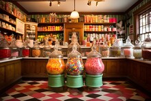 The Charming Interior Of An Old-fashioned Candy Store, Filled With Jars Of Sweets, Invoking Nostalgia.