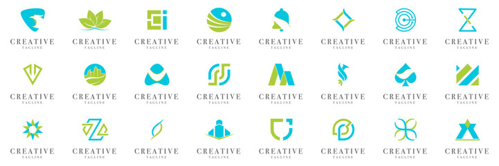 Aufkleber - Abstract different logo collection in blue and green. Set of geometric logo for company