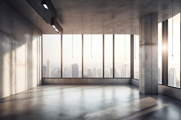 Wall Mural - Interior of a contemporary, empty concrete room with windows, an empty poster stand, a city view, and shadows and sunlight. a mockup. Generative AI