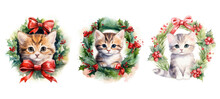 Animal Kitty In Christmas Wreath Watercolor Ai Generated