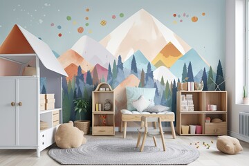 Wall Mural - Interior side view of a children's room with a blue chair, bookcases, and poster hanging over the bed. wallpaper with mountains. a mockup. Generative AI