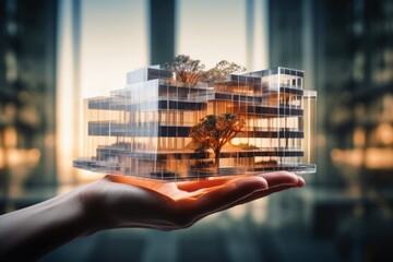 An architect holding the model of a modern building created with generative AI technology.