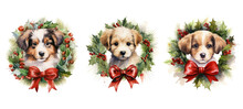 Animal Puppy In Christmas Wreath Watercolor Ai Generated