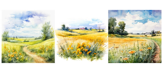 Wall Mural - landscape summer field watercolor ai generated