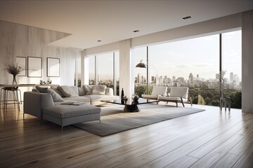 Wall Mural - Interior of a contemporary living room featuring a mock up blank white poster, wooden floors, furniture, and panoramic windows with city views and natural light. Stylish and comfortable home design