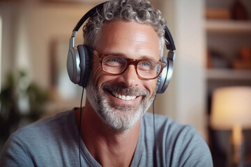 Portrait of a bearded handsome man wearing wireless headphones