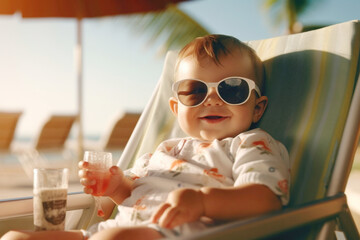 Chilling baby relaxing on a sun lounger during beach vacations at summer holidays