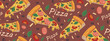 © YuHusar - Pattern of pizza slices. Seamless pattern. Tasty food. The print is repetitive. Design for clothing with food. Pattern for bed linen. Lots of pizza slices.